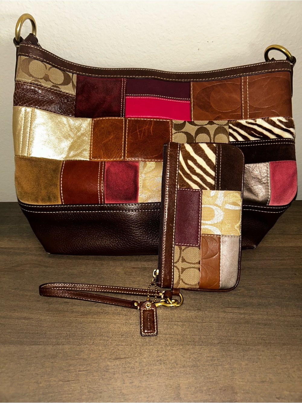 Coach Patchwork Leather Shoulder Bag and Wristlet - Brown, Tan, Gold, Pink